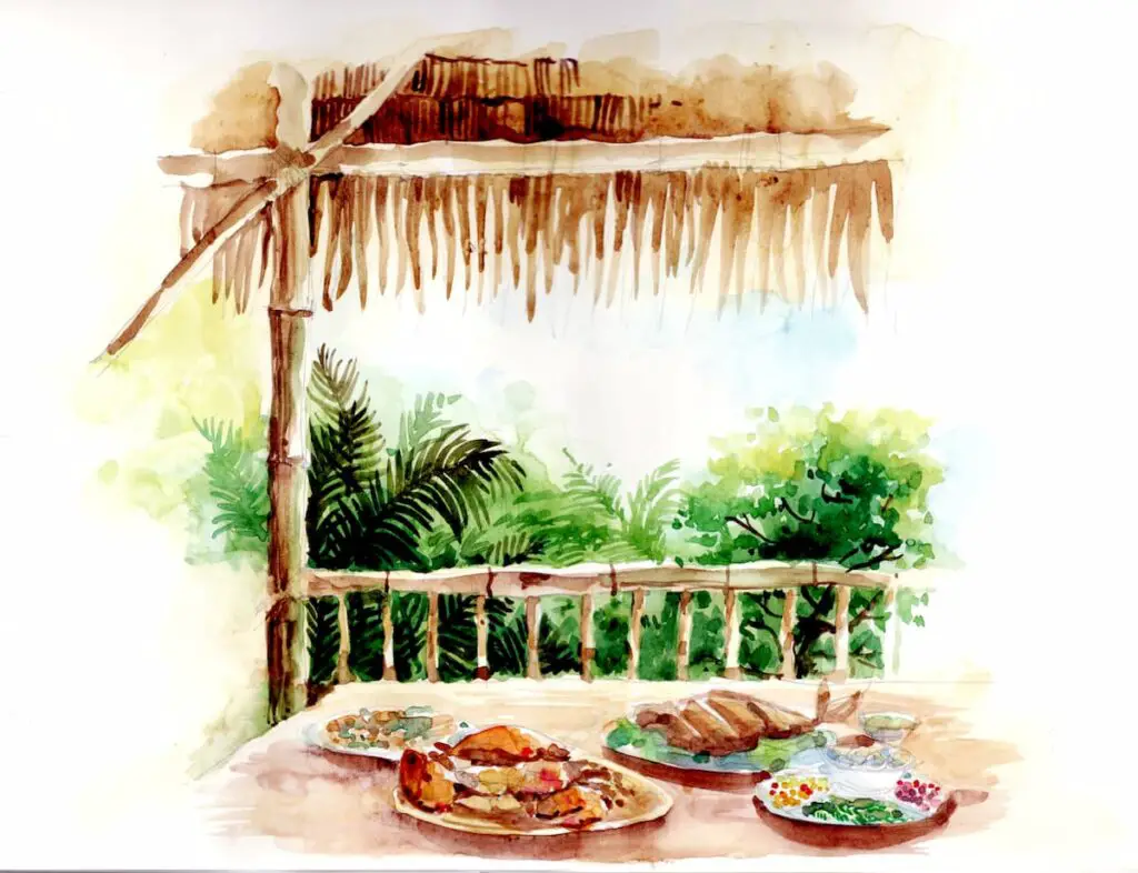 Painting of a table and food on a patio