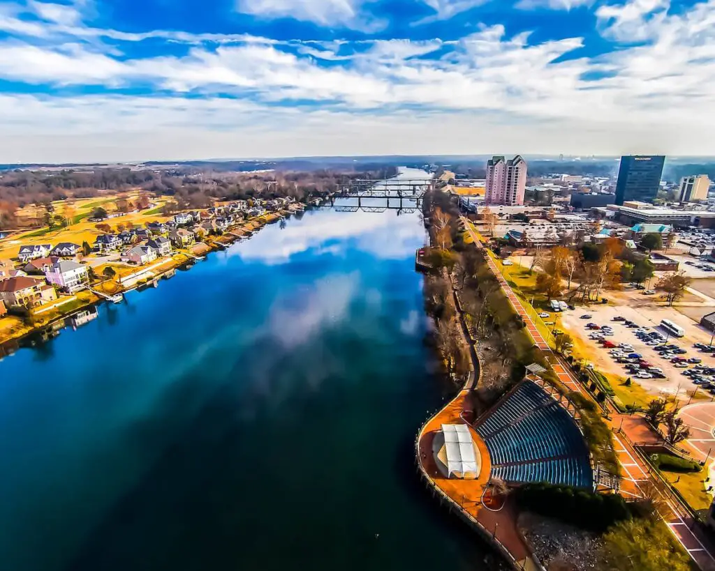 Aerial view of Downtown Augusta along the Savannah River