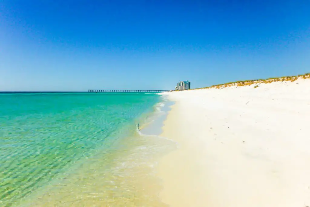 Shoreline of blue-green waters at Pensacola Beach Florida