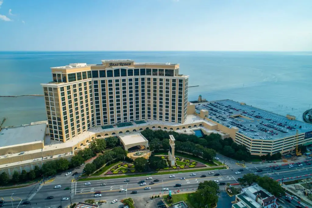 Facade aerial view of Beau Rivage Casino in Biloxi MS