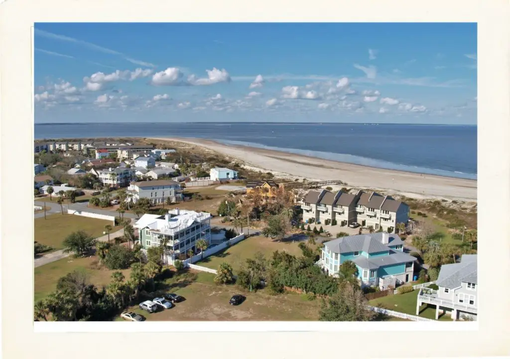 aerial view of Tybee Island and homes by beach